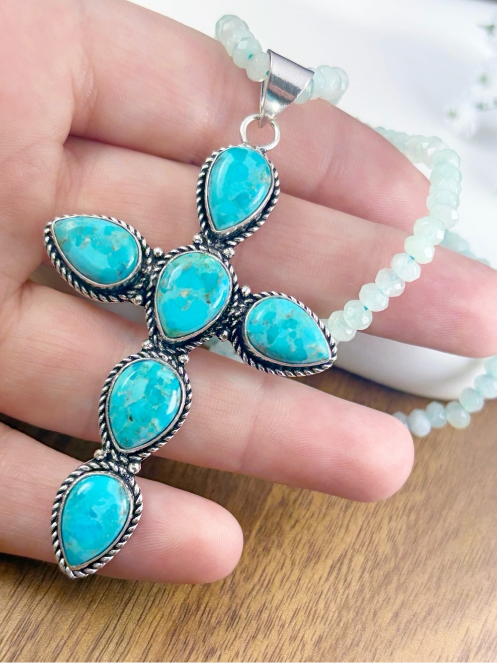 XL Mohave Turquoise Cross Pendant Jade Necklace Sterling Silver 925 Overlay New